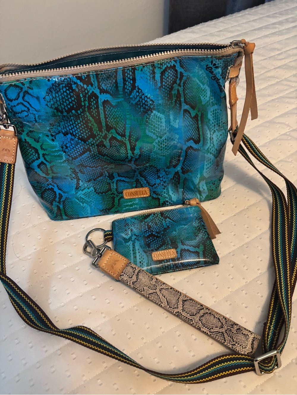 Consuela Blue-Green Snake Print Crossbody with Tan Trim